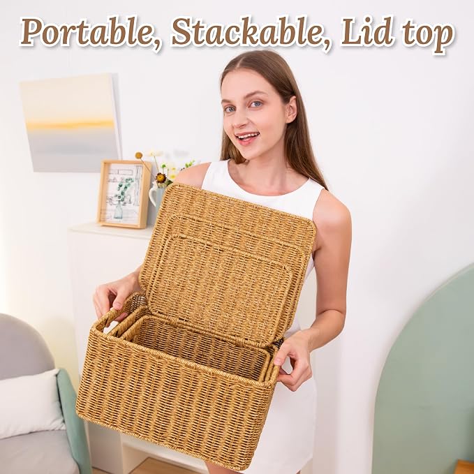 WeeNest Baskets with Handles, Wicker Storage, Shelf Boxes for Organizing, Stackable Woven Bins, Decorative Lidded Resin, Set of 3, Amber - Image 5