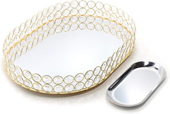Crystal Vanity Tray Decorative Mirrored Dresser Perfume Trays for Makeup Cosmetic Storage Jewelry Trinket Storage Organizer for Bathroom Countertop Home Décor (Oval, 14x10in, Gold) by Lindlemann