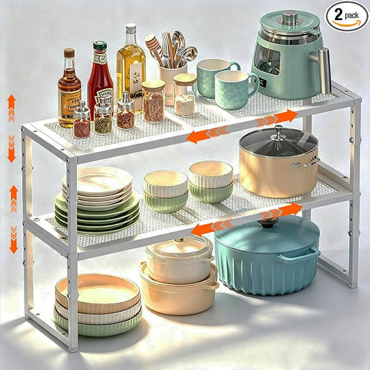Expandable Cabinet Shelf Organizer, 15.5–25.5 Inch Length, Height Adjustable Metal Wire Storage Shelves for Kitchen, Pantry, Cupboard & Closet, Stackable Storage Rack for Dishes, Plates, Cups & Spices by Cottage+Charm