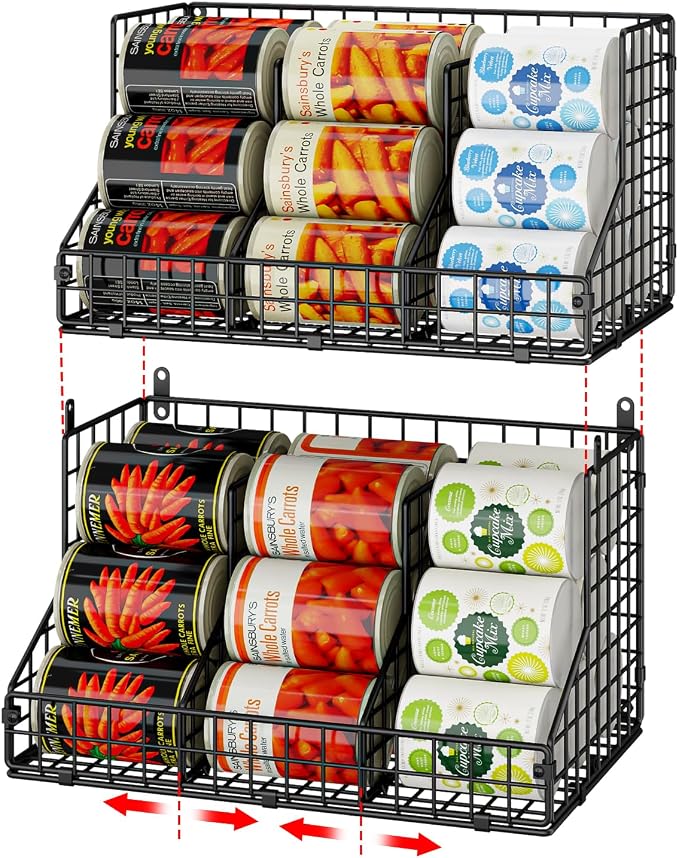 JKsmart 2 Pack Stackable Can Rack Organizer for Pantry Storage,Can Dispensers with 4 Adjustable Dividers, 2-Tier Metal Wire Basket Beverage Pop Soda Rack for Kitchen Cabinet Pantry, Black by JKsmart