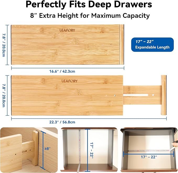 4 Pack 8" Deep Bamboo Drawer Dividers, 17-22" Expandable Kitchen Organizers | Adjustable Spring-Loaded Tension Separators with Foam Pad for Clothes, Utensils, Kitchen, Dresser, Nursery & Bathroom - Image 2