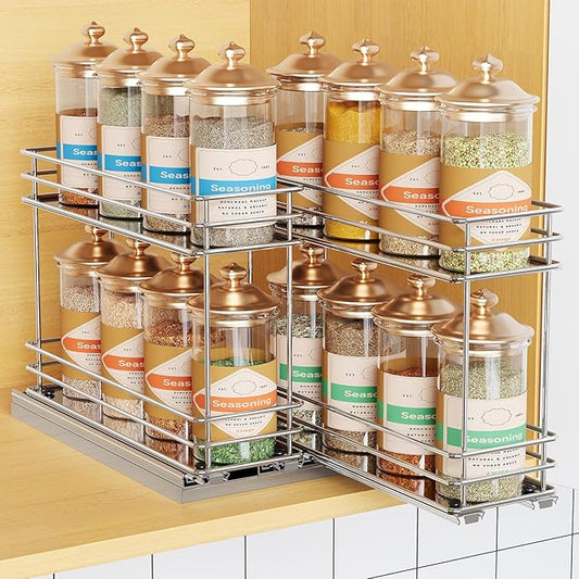 Mystozer Pull Out Spice Rack Organizer for Cabinet, Slide Out Spice Racks, Easy to Install, 7.08" Wx10.43 Dx8.26 H, 2 Drawers 2 Tiers(Silver) by Mystozer