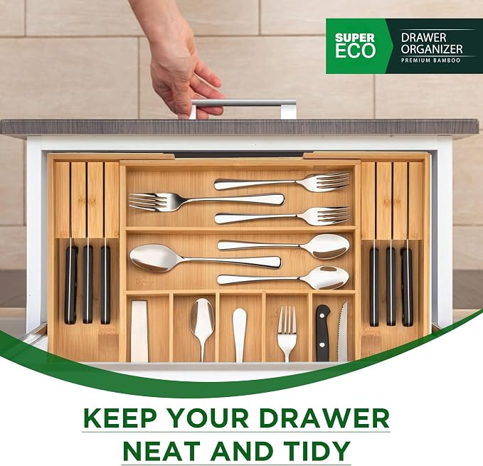 Bamboo Kitchen Drawer Organizer - Bamboo Expandable Drawer Organizer Utensil Holder & Cutlery Tray - Adjustable Wood Drawer Dividers Organizer for Silverware, Flatware, Knives (9 Slot) - Image 8