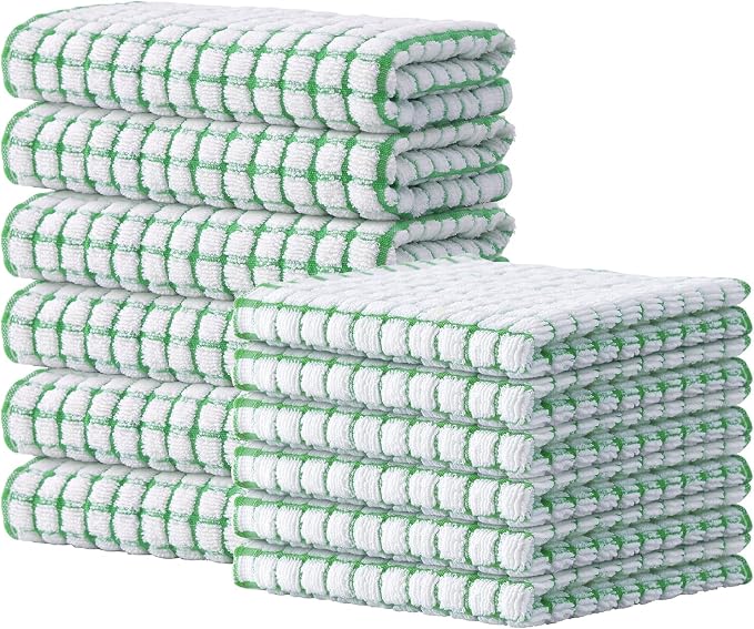 Kitinjoy Cotton 12 Pack Kitchen Towels and Dishcloths Sets, Green | 16 x 25 Inch & 12 X 12 Inch Dish Towels Bulk, Super Soft and Absorbent hand towels for kitchen Drying by Kitinjoy