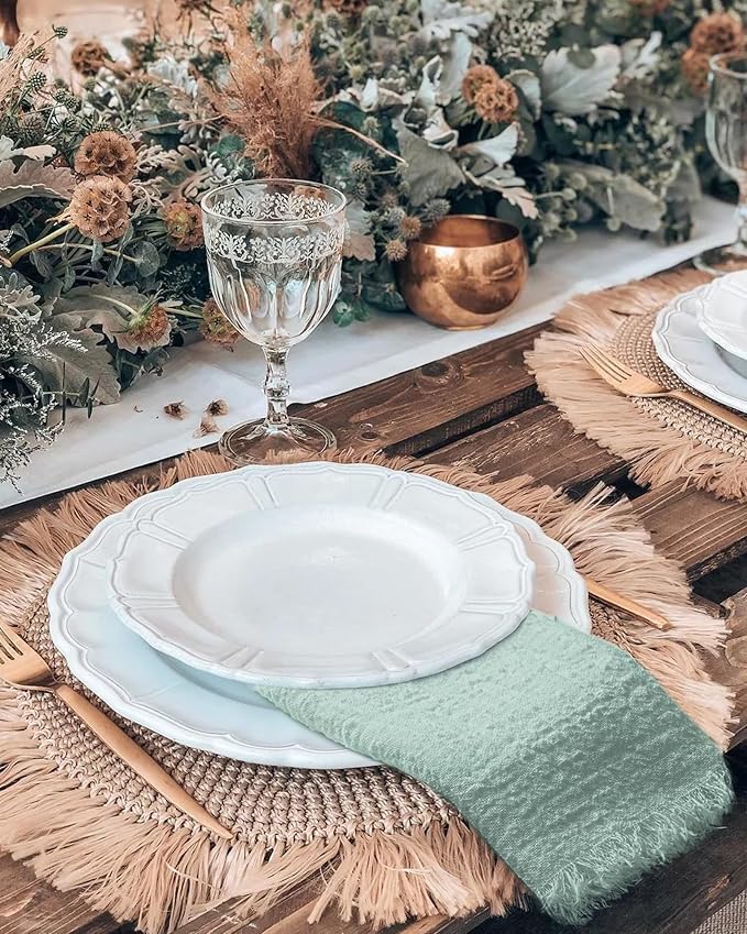 60 Pack Sage Green Napkins Cotton Linen Napkins 16 x 16 Inch Green Napkins Cloth Handmade with Fringe Soft Cloth Napkins Washable Rustic Dinner Napkins Cloth for Wedding Party Dinner Table - Image 5