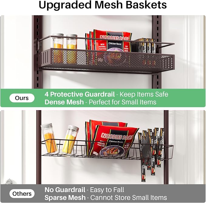 SNTD 8 Tiers Over the Door Organizer, 17" W x 6" D x 69" H, Bronze | Pantry Door Organizers and Storage, Height Adjustable Spice Rack, Dense Mesh Baskets, Anti-Swing, Adjustable Door Fastener - Image 5