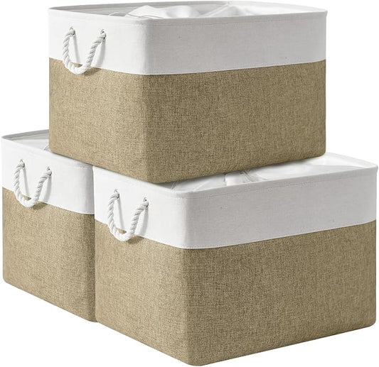 Organization Basket - 20x16x14 inch Jumbo 3 Pack Collapsible Storage Bins for Shelves, Fabric Storage Cubes for Closet Organizer Gift Toy (White & Khaki) by TheWarmHome