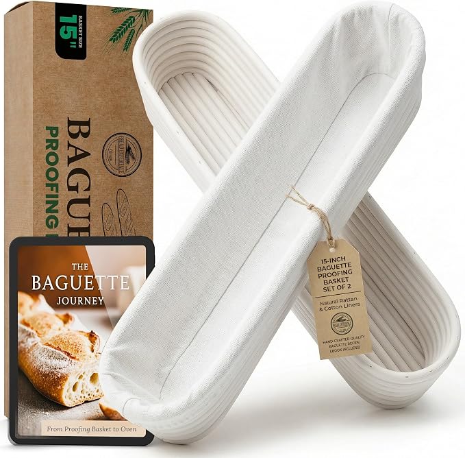 15 Inch Baguette Proofing Basket Set of 2 for Sourdough & French Bread | Handwoven rattan banneton with removable cotton liners; shapes & rises dough before baking; recipe eBook included by BreadExperience
