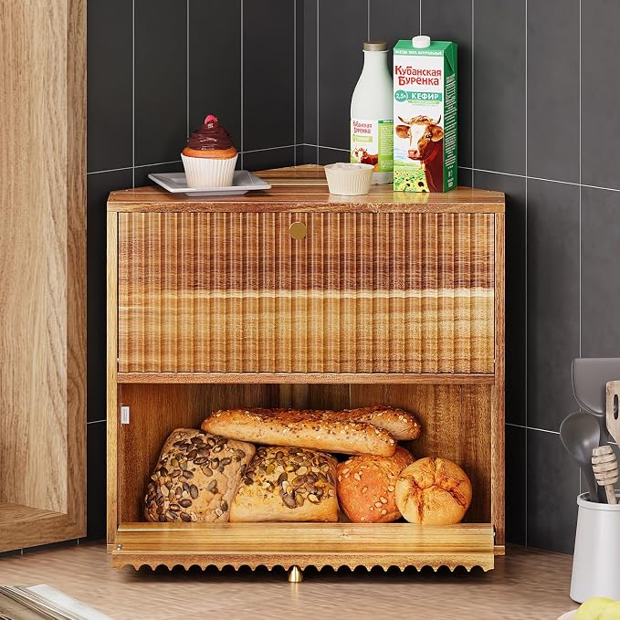 Trironsun Acacia Corner Bread Box for Kitchen Countertop Wood Two Layer Large Capacity Bread Storage Bin Vintage Storage for Homemade Bread (Acacia Wood) - Image 2