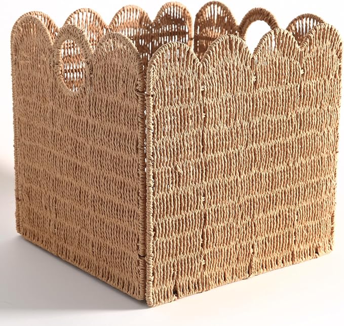 Scalloped Wicker Storage Cubes Basket, 12”x12“ Heavy Duty Paper rope/Hyacinth/Seagrass Baskets for Shelves, Foldable Natural Boho Square Bins (Paper Rope&10.5 x 10.5 x 10.5in&4-Pack) - Image 4