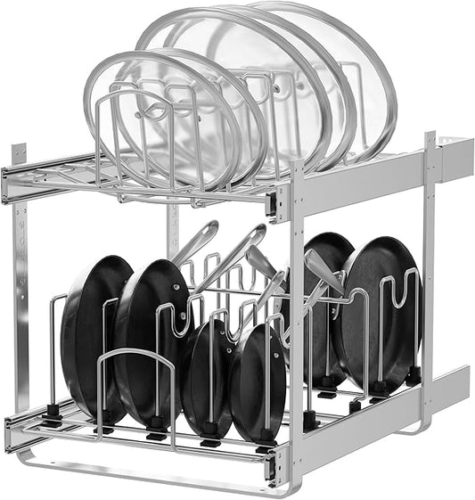 2-Tier Pots and Pans Organizer Under Cabinet Kitchen 15" W *22" D | Pull out Cabinet Organizer for Pots, Pans, and Lid Cookware, Adjustable Heavy Duty Wire Pan and Pot Rack, Full-Extension Rail by STORKING