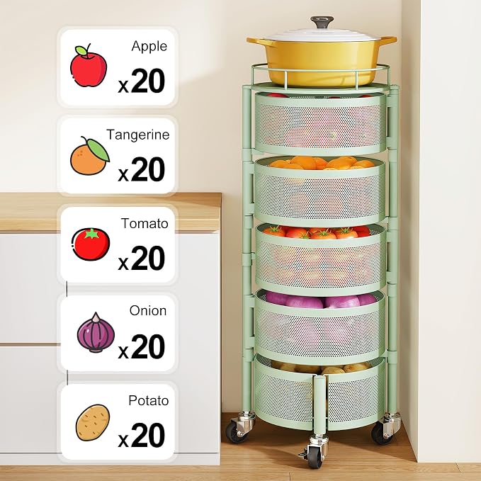 SNTD Fruit and Vegetable Basket Bowls for Kitchen with Metal Top Lid, 5 Tier Rotating Storage Rack Cart for Potato Onion Bread Banana, Wire Basket Organizer on Wheels, Large (Green) - Image 6