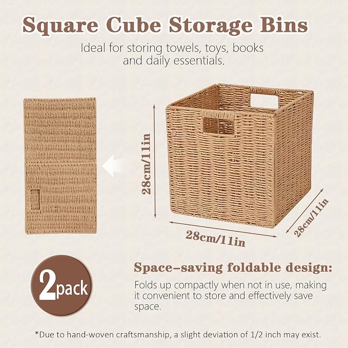 Foldable Storage Baskets with Handles, 11x11x11 Inch, 2 Pack | Paper Rope Square Storage Cubes Bins for Shelves, Living Room, Bedroom, Pantry - Image 5