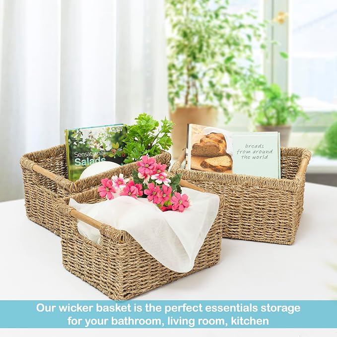 Natural Seagrass Basket with Wooden Handle, Medium Rectuangular Wicker Basket for Living Room 12.2 x 8.9 x 6.7 inches - 3 Pack - Image 6