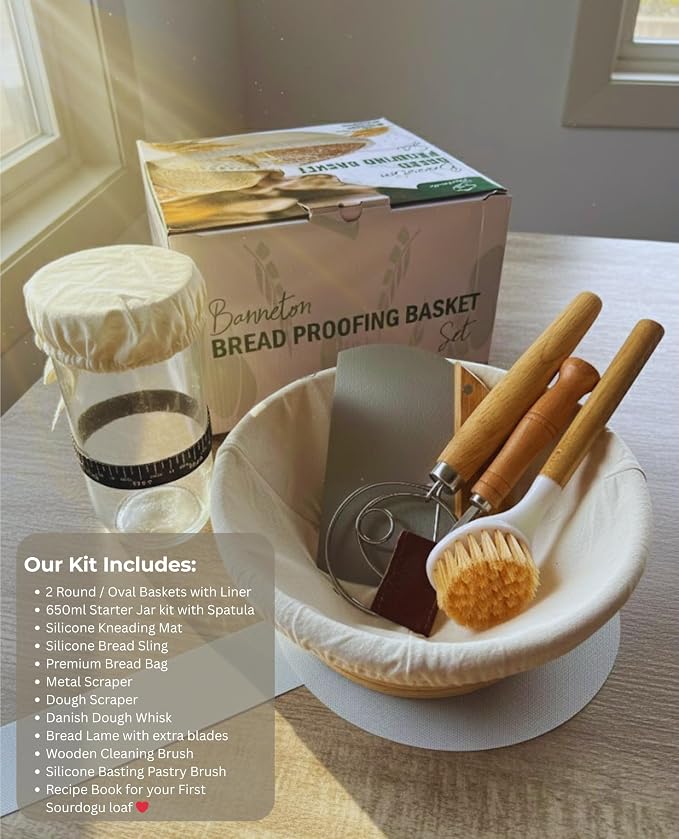 Sourdough Starter Kit - Banneton Bread Proofing Basket Set with Liners, Sourdough Bread Baking Supplies & Bread Making Tools - Includes two Banneton Basket, Tools with Sling & Kneading Pad - Image 3