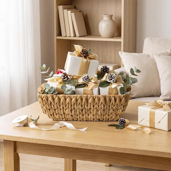 StorageWorks Hand-Woven Storage Baskets with Wooden Handles, Water Hyacinth Wicker Baskets for Organizing, 2 Pack - Image 8