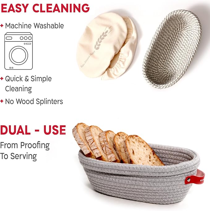 KneadAce Sourdough Starter Kit – 34oz Starter Jar, 2 Oval Banneton Proofing Baskets, Magnetic Bread Lame for Scoring – Gift for Bakers & Complete Sourdough Bread Baking Set - Image 4