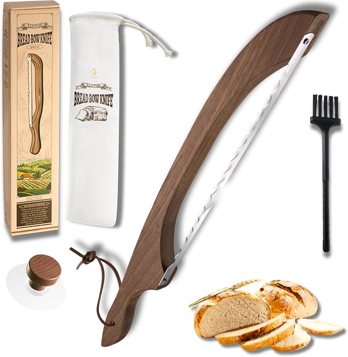 Bread Knife Package Slicer for Sourdough Bread, 16.5" Premium Wooden Bow Design, Premium Stainless Steel Serrated Saw, Cutter for cutting Loaf, Sandwich, Bagels, Homemade Bread & more - Black Walnut by Unknown