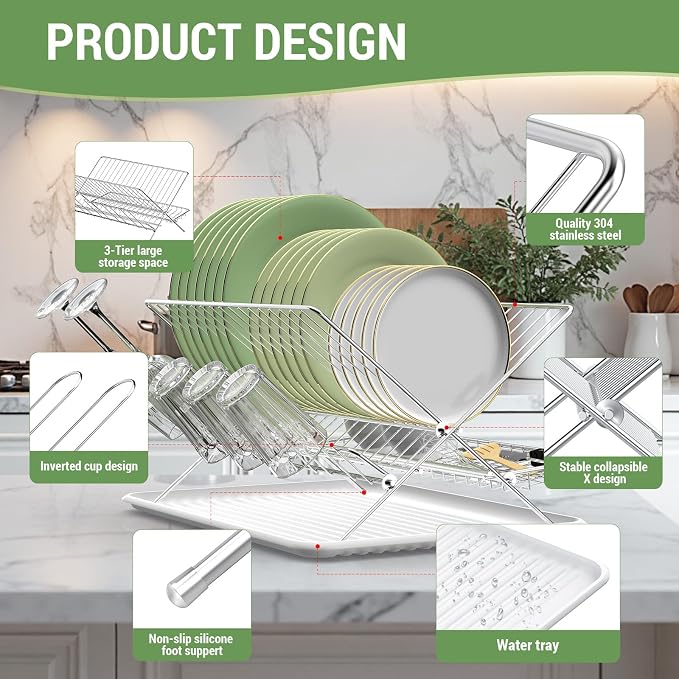 Dish Rack with Drip Tray, Stainless Steel 3-Tier Collapsible Drainer Dish Drying Rack for Kitchen Counter, Sink, Countertop,Cutlery, Dishes Utensils Flatware Holder Set, Reversible Cup Draining Rack - Image 4