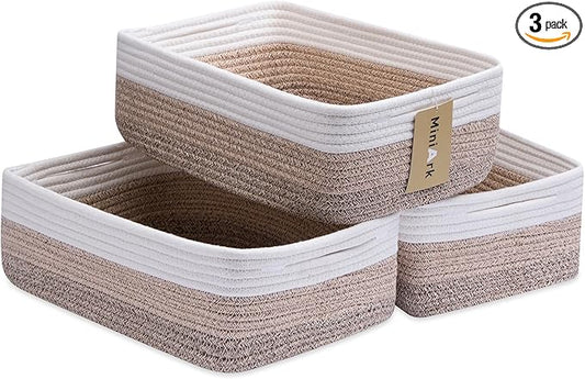 MiniArk Large Shallow Organizing Baskets 15x11x5.1 Inches - Rope Woven Storage Bins for Bathroom, Shelves, Cube Closet, Gradient Brown 3 Packs by MiniArkStorageBasketsHome