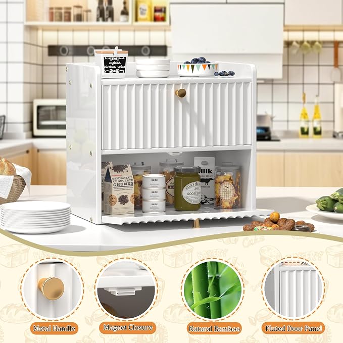 Bread Box for Kitchen Countertop, Large Bread Storage Container for Homemade Bread, Double Layer Farmhouse Breadbox Organizer, Vintage Bamboo Wooden Bread Holder Bin, White - Image 6