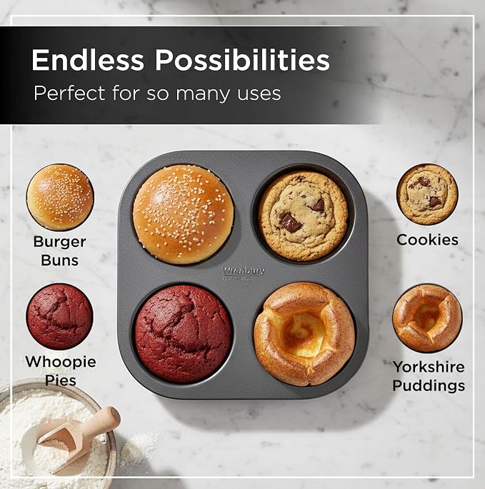 Wrenbury Jumbo Whoopie Pie Pan 4 Cup - Large Muffin Top Pan Heavy Gauge Shallow Carbon Steel Baking Tray for Burger Buns Yorkshire Pudding Cornbread - PFOA Free Nonstick - Image 4