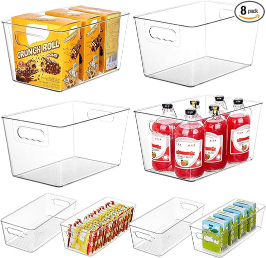 Vtopmart 8 Pack Clear Storage Bins Set for Pantry Organizer | 4 Large and 4 Small Plastic Pantry Storage Bins with Handle, Storage Containers for Pantry, Kitchen, Fridge, Cabinet by Vtopmart