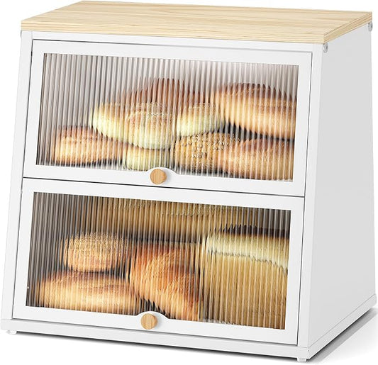 Urackify Bread Box for Kitchen Countertop – 2-Tier Bread Storage Container, Metal Breadbox with Acrylic Wavy Door, Wood Top, Magnetic Seal, Anti-Slip Base, 14.96x9.84x13.78 inch, White by Urackify