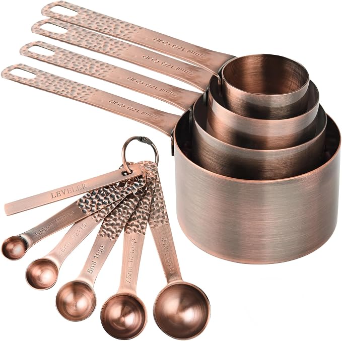 Copper Measuring Cups and Spoons Set, Stainless Steel Measuring Tools Set for Baking & Kitchen, Metric & US 4 Copper Plated Measure Cups and 5 Measure Spoons with Leveler for Wet & Dry by SUNMVEHOT