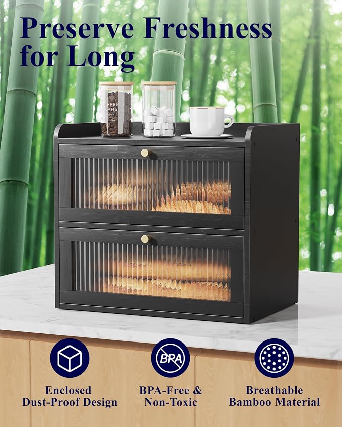 Kitsure Wooden Bread Box for Kitchen Countertop, Large Capacity, Black | 2-Tier Bamboo Bread Container, Bread Storage Container with Magnetic Acrylic Door, Pantry Organizers and Storage for Loaves - Image 5