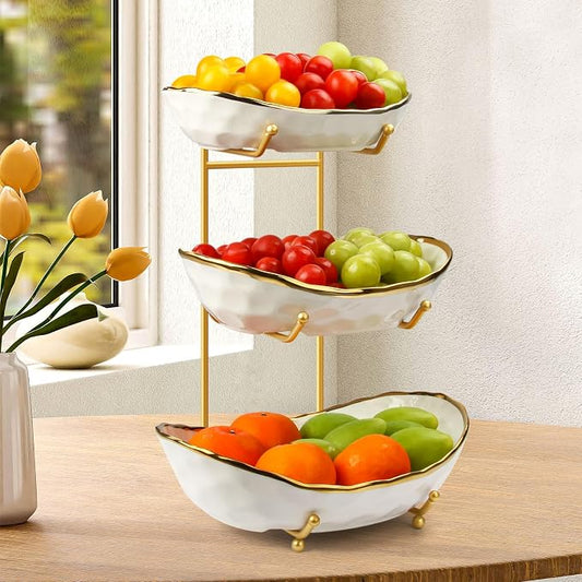Fruit Bowl with Gold Metal Stand, 3 Tier Modern Ceramic Fruit Bowl Fruit Rack for Kitchen Counter, Tiered Fruit Basket for Snacks Bread Candy Storage (White,3 Tier) by Unknown