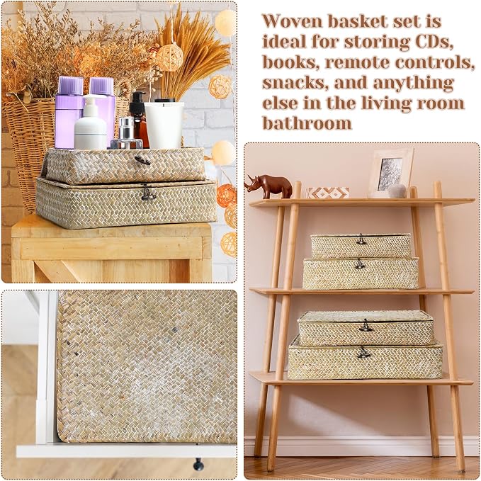 Didaey Set of 4 Seagrass Basket with Lid Wicker Storage Basket Decorative Storage Boxes with Lids Flat Storage Bins Woven Organizer Baskets for Shelf Closet Bedroom, 4 Sizes (White) - Image 6