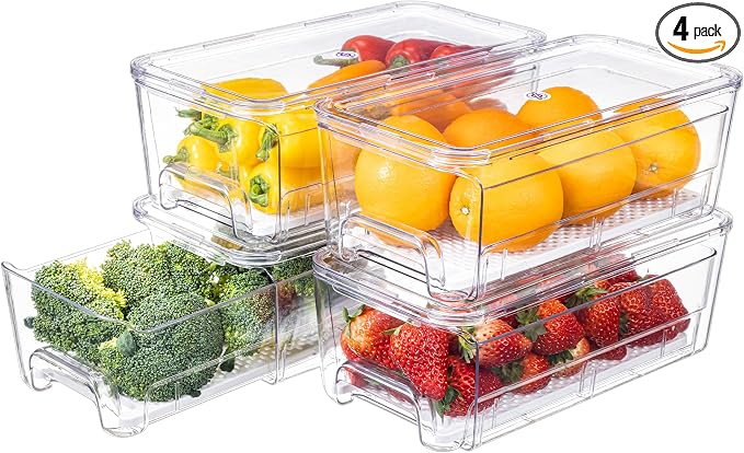 4-Pack Stackable Fruit Storage Containers for Fridge | Pull-Out Drawer Organizer Bins, With Lids & Drain Tray, Keep Fresh, Removable Refrigerator Container for Berry, Veggie, Drink by AENTGIUEnjoyHomeKitchen