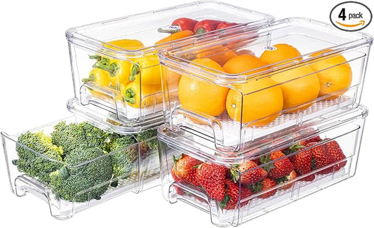 4-Pack Stackable Fruit Storage Containers for Fridge | Pull-Out Drawer Organizer Bins, With Lids & Drain Tray, Keep Fresh, Removable Refrigerator Container for Berry, Veggie, Drink by AENTGIUEnjoyHomeKitchen