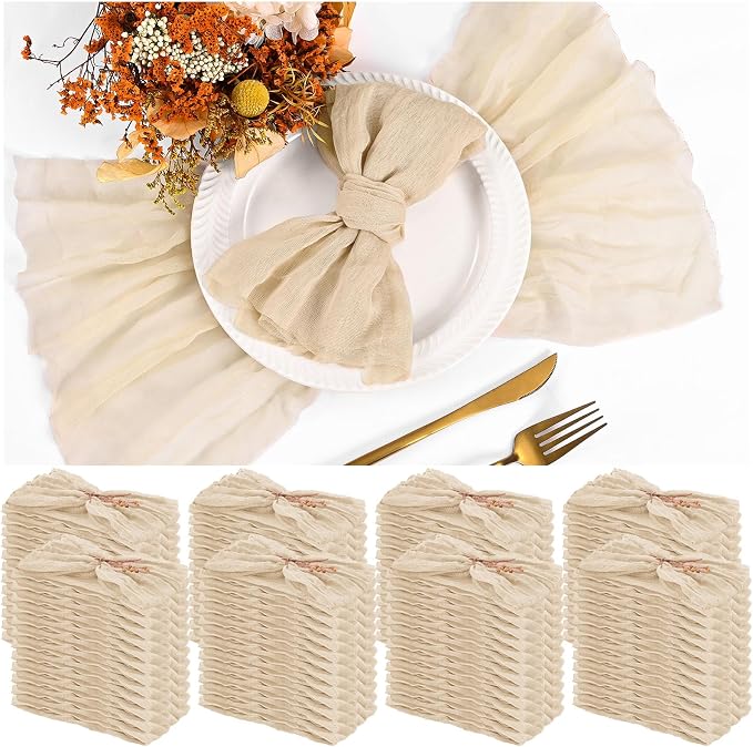Teruntrue 100 Pack Champagne Cheese Cloth Napkins Gauze Napkins Bulk Set of 100 Washable Boho Dinner Table Napkins for Wedding Party Baby Shower Birthday Party Decorations，20 x 20 Inch by Teruntrue