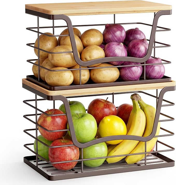 ALOCEO 2 Pack Stackable Wire Storage Basket with Bamboo Lid, Stainless Steel Extra Large Trash Bag Dispenser Roll Holder for Kitchen Sink, Laundry, Pantry Organizer and Storage, Brown by ALOCEOWallHooksAdhesive