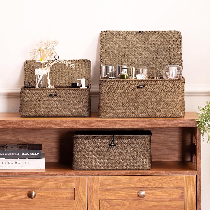 Nonam Storage Basket with Lid, Natural Seagrass Bin with Lid Set of 2, Shelf Baskets Multipurpose Container for Boho Decoration, Rectangular Household Storage Boxes for Home Organization-Coffee - Image 4