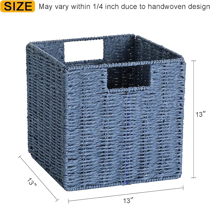 Wicker Storage Basket, Set of 2 Hand-Woven Storage Baskets for Shelves with Handles, Foldable Cube Storage Bins Organizer, Blue 13x13 Inch Large Wicker Baskets for Pantry Bedroom Decor, Blue - Image 3