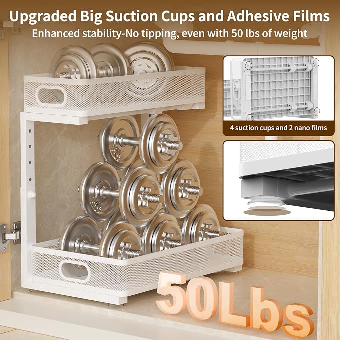 Under Sink Organizer 2 Pack, 2-Tier Slide Out Cabinet Organizer with Metal Sliding Drawer and Hooks, Pull Out Storage Baskets for Kitchen Bathroom Pantry Cabinet Organization (White) - Image 7