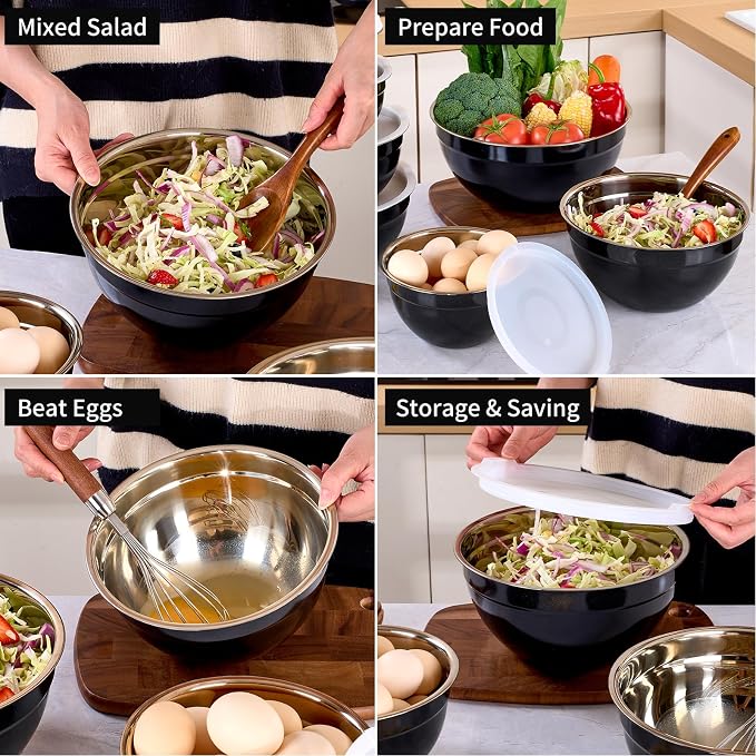 Black Mixing Bowls with Lids Set of 7, Stainless Steel Nesting Bowl with Khaki Lid for Non-slip Mixing Prepping Storing Serving, 7 Sizes-7/3.6/2.7/2.1/1.5/1/0.8 QT - Image 5