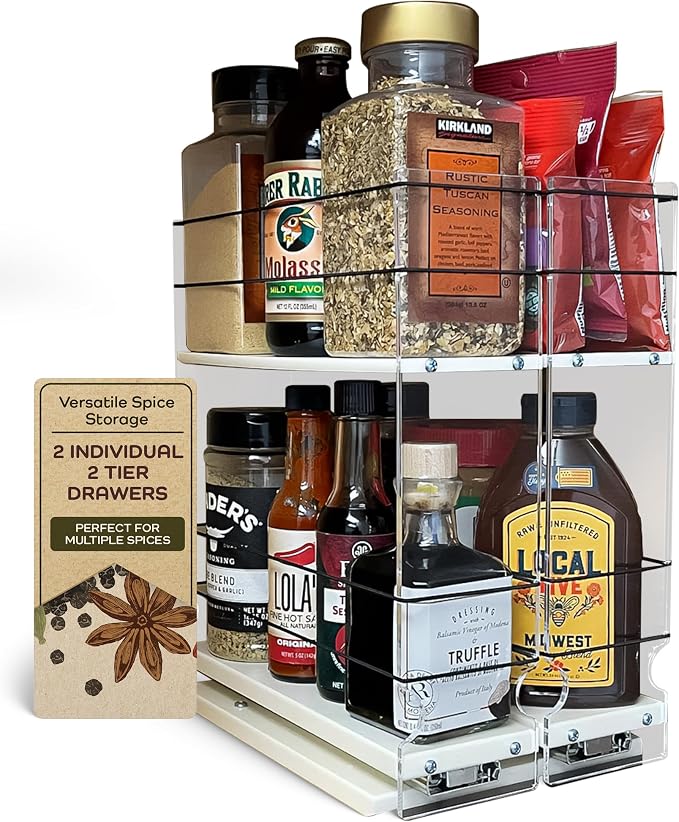 Large Pullout Sliding Spice Rack Organizer - 2 Individual 2 Tier Drawers - Premium Rolling Seasoning Holder/Caddy for Hidden Pantry Storage - Made in USA (6.9''W x 12.25" H x 10.6''D) by VerticalSpice