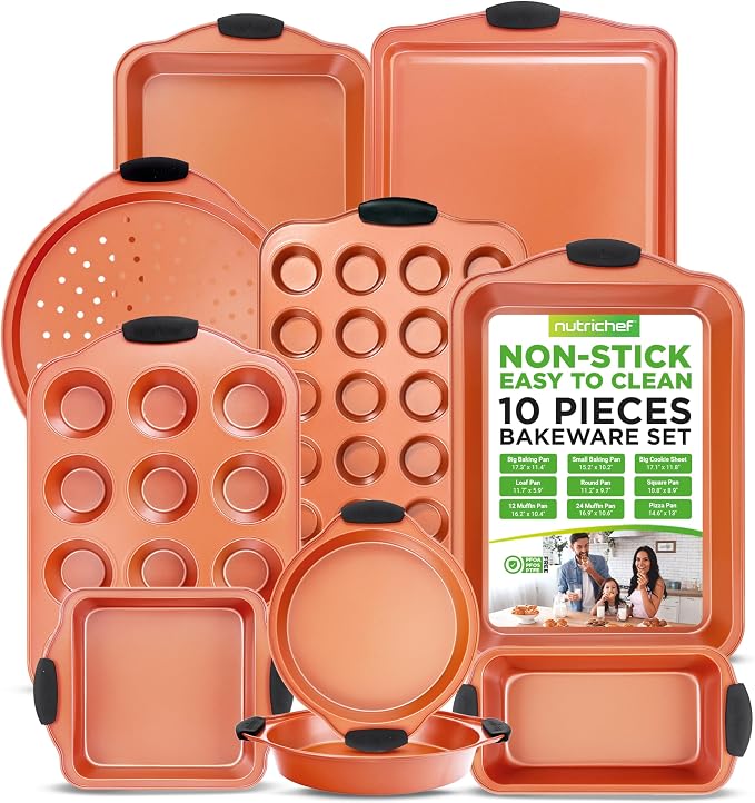 NutriChef 10-Piece Nonstick Baking Pans Set – Bakeware Sets for Cookies, Cakes, & Roasting - Bakeware Includes Cookie Sheet, Muffin Pan, Cake Pan, & Pizza Pans by NutriChef%E2%84%A2Kitchen