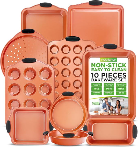NutriChef 10-Piece Nonstick Baking Pans Set – Bakeware Sets for Cookies, Cakes, & Roasting - Bakeware Includes Cookie Sheet, Muffin Pan, Cake Pan, & Pizza Pans by NutriChef%E2%84%A2Kitchen
