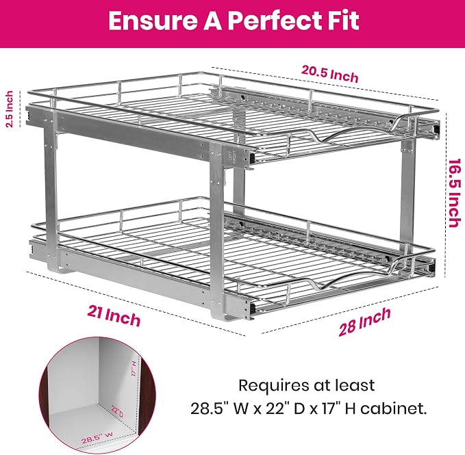 2-Tier Pull-Out Cabinet Organizer for Kitchen, 28"W x 21”D x 16.5"H | Full-Extension Sliding Shelves, Holds 100 lbs, Easy Install for Kitchen, Pantry & Under Sink Cabinets - Image 3