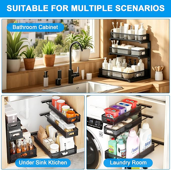 Under Sink Organizer,3-Tier Thickened Metal Pull out Cabinet OrganizerShelf | Height Adjustable Slide out Storage Drawer Rack for under sink organizer bathroom Kitchen,Laundry Room & Pantry - Image 6