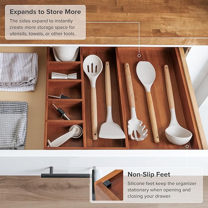Utensil & Junk Drawer Organizer, 10.5-18.5 in, Acacia | Food-safe contract grade, 100% sustainable wood, non-slip, adjustable - Image 6