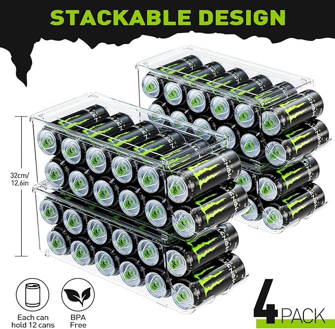 SCAVATA 4 Pack Tall Skinny Can Organizer for Refrigerator, Stackable Large Soda Cans of 16oz & 17oz Beverage Energy Drink Container Holder Dispenser with Lid for Fridge, Clear Storage Plastic Bins - Image 2