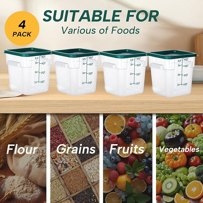 4 Pack 4QT Square Food Storage Containers with Lids | Clear NSF polycarbonate containers with scale, label and measuring cup, stackable for prep, storage, freezer. Dishwasher safe - Image 6
