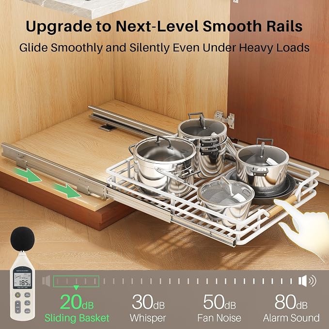 Pull out Cabinet Organizer, 12"W X 21"D, Heavy Duty Smooth Sliding Under Cabinet Shelves for Pots and Pans, Full-Extension Roll out Drawers, Slide out Organization for Home Kitchen Pantry, White - Image 5