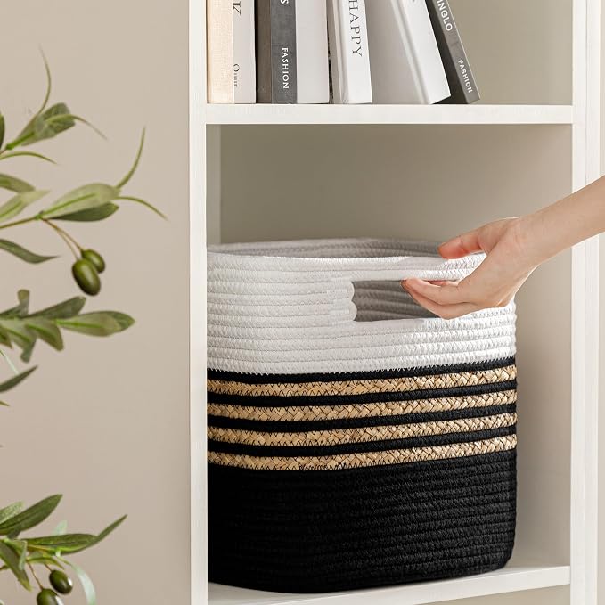 UBBCARE Set of 4 Storage Cubes 13 X 13 X 13 in, Water Hyacinth Storage Bins for Shelves, Toys, Book, Storage Baskets with Handles, Cotton Rope Woven Baskets for Organizing, Black - Image 5